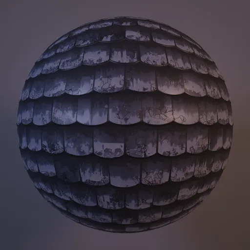 Handcrafted PBR material of stylized grey-blue roof tiles with water stains and cracks for Blender 3D roofing textures.