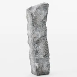 "Low-poly standing stone 3D model with PBR textures for Blender 3D. Monochromatic gray rock on white surface with dynamic folds, perfect for decorative art. Rendered with stunning realism, height 1 7 8."
