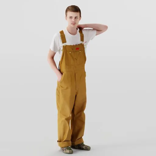3D teenage boy model with overalls and colorful Crocs looking aside in Blender format.