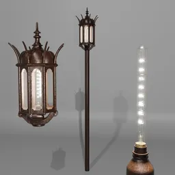 Iron garden lantern 3D model with Edison E27 bulb for park scenes, showcasing detailed filaments, warm light effect, suitable for Blender.