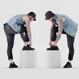 Guy ties his shoelaces