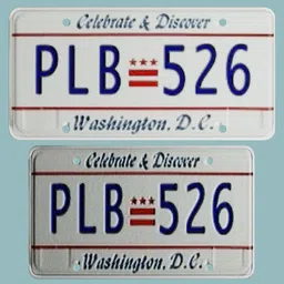 3D model of a generic Washington D.C. license plate for vehicle rendering in Blender.