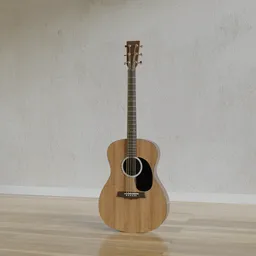 Highly detailed Blender 3D acoustic guitar model with natural wood texture and fine strings on a simple floor.