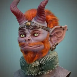 High-detail Blender 3D model of a horned blue monkey with orange beard and Elizabethan collar, suitable for further character development.