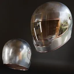 3D Blender model showcasing two angles of a detailed, metallic historic-military helmet with a reflective surface.