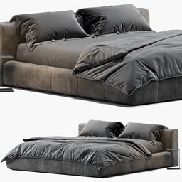"Explore the sleek and stylish Bed Saba Italia Pixel 3D model compatible with Blender 3D. Accompanied by a gray comforter and pillows, this bed boasts impressive dimensions of 254 X 243 X 75 H and features dark matte metal for a modern touch. With intricate details and 259,295 polys, this model is perfect for creating high-quality renders in cycles."