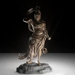 "Kongou pattern3: A detailed sculpture of a man holding a sword and a hat on a rock, with flowing energy and a glowing orb. This photoreal 3D model, created in Blender 3D, features metallic bronze skin and showcases elements of onmyoji, Buddhism, and an SCP anomalous object."