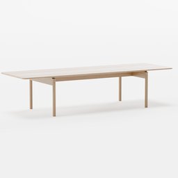 "Fredericia Post Table 320, a minimalist 3D model dining table designed by Oluf Høst, made of solid oak with cylindrical legs, perfect for Blender 3D projects."