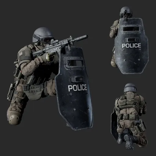 Police Tactical Unit Kneeling Shield Aiming Beige