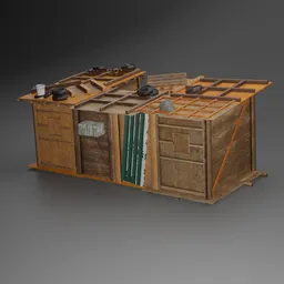 Detailed 3D render of makeshift wooden slum hovels for Blender urban scene modeling, with textured surfaces.