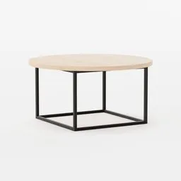 "Round coffee table 3D model for Blender 3D - wooden top and black metal frame, minimalist design, perfect for living rooms and hallways. Functional and decorative, ideal for placing drinks, books, and decorative items."