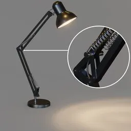 Detailed 3D model of adjustable desk lamp with spring mechanism, suitable for Blender rendering and visualization.