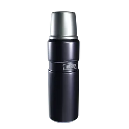 "Stainless steel thermos bottle with detailed Shinkiro design in black matte finish. Perfect for holding your favorite beverage. 3D model created with Blender 3D software."