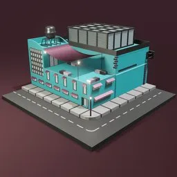 "Highly detailed cybertruck-inspired 3D model of a public factory building with unique red and pink roofs, designed in the brutalist style using Blender 3D. Featuring special factory tools, shading for the windows and roof garden, and street flooring and asphalt design elements. Created by Johannes Mytens and inspired by Houdini 3D and Chris Ware."