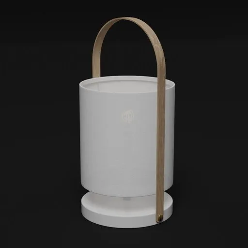 Realistic 3D-rendered table lamp with wooden handle and cylindrical shade, designed for Blender.
