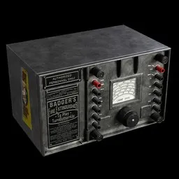 "Stunning military-inspired Voltmeter 3D model for Blender 3D, perfect for adding realism to your audio projects. Get a close-up view of a meticulously designed vintage radio with a black background, featuring an anthropomorphic badger. Expertly crafted with attention to detail, this unique model showcases the charm of the 1920s while delivering top-notch quality."