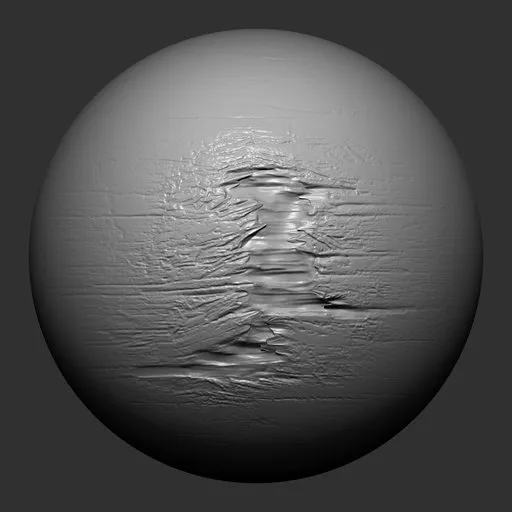 3D sculpting brush effect for Blender, creating realistic wood damage textures on digital models.