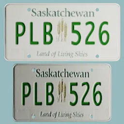 3D model of a Saskatchewan vehicle license plate with medium resolution texture for cars and trucks.