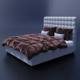 "3D model of an elegant bed with a brown coverlet and pillows, created in Blender 3D. Perfect for interior design and architectural visualization projects. High-quality textures and realistic materials make this bed a stunning addition to any 3D scene."