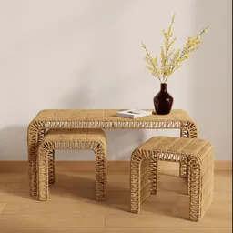 Woven Rattan Table & Stool Set