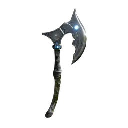 "3D model of a slimy metal axe with energy engravings and a light, perfect for Blender 3D. This equipment category artifact features a scimitar, sickle, hammers, and a greenish lighting effect. Created with Blender 3D and showcased in 3Dexcite and Unreal Engine with a distinct blue face."