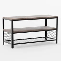 Alt text: "Industrial style TV stand with wooden table and metal shelf, designed for Blender 3D. Created by fgnr, this model features black and brown accents and is perfect for a modern living room. Shop now on the sales website for images and more details."