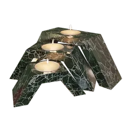 Detailed 3D-rendered candle holder with realistic dark green marble texture and lit candles, suitable for stylish interior visualization.