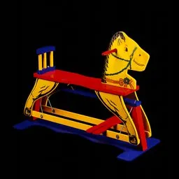 "3D model of a weathered wooden rocking horse for Blender 3D. Inspired by Jerzy Kossak, this low polygon mechanical design features a red seat and yellow horse with precise machinery. Perfect for exercise or decoration, ideal for junior use."