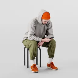 3D model of a male figure in casual attire with a hooded sweatshirt, engrossed in his phone, perfect for Blender projects.