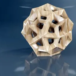 Intricate 3D printable wooden geometry sculpture reflecting on a surface, compatible with Blender.