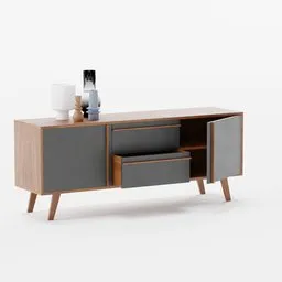 "Buffet NIELS by Tikamoon, a minimalist hall sideboard with drawers and a lamp, featuring ultra high definition details and sleek grey colors. This 3D model for Blender 3D showcases angular design elements, reminiscent of the TV series Mad Men, with smooth shapes and a touch of deconstructivism."