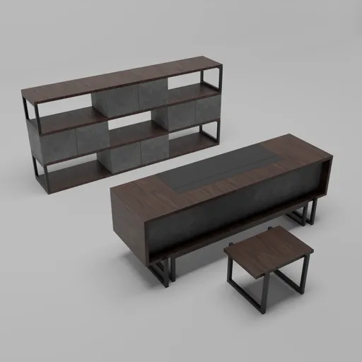 High-quality 3D model featuring office desk, ergonomic chair, and storage in a sleek, modern design for Blender rendering.