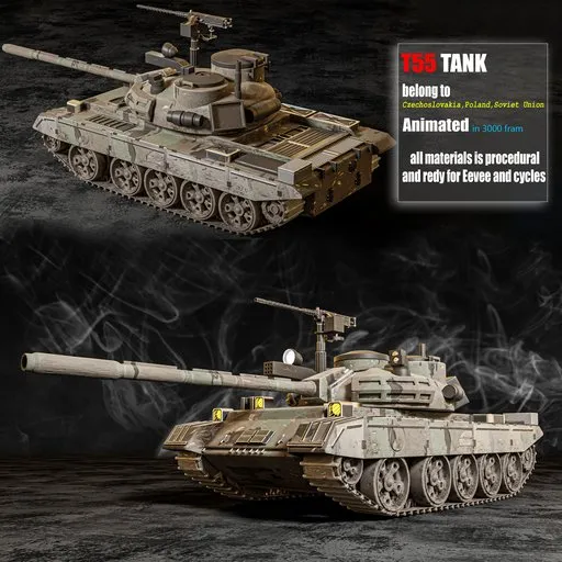 Detailed 3D model of T55 tank with procedural materials, under 10MB, for Blender animation and customizable path.