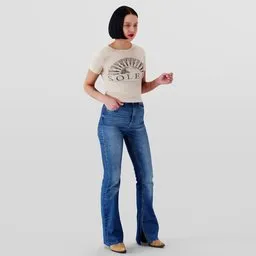 Brunette 3D model with red lips styled in bell-bottom jeans and a short top, for Blender rendering.