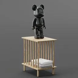 Detailed Blender 3D model showcasing a wooden end table with a bear figure and magazines on a neutral background.
