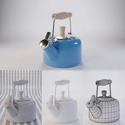"Discover the Chantal Sven Tea Kettle, a stunning kitchen appliance in blue and white, designed with Swedish precision. This Blender 3D model showcases the tea kettle's unique shapes and sizes, featuring topological renders and three different views. Get a closer look with this hyper-shaped, eye-level perspective image."