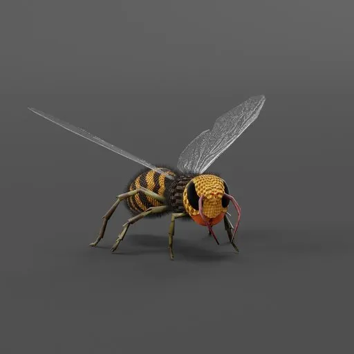 Detailed 3D wasp model with textured body and transparent wings, suitable for Blender animation projects.
