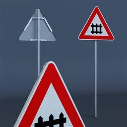 "High-poly danger road sign rail crossing 3D model with a honeycomb texture for reflection in Blender 3D. This communication category model features two signs on a pole with a fence, showcasing sharp metal crest and treacherous road elements inspired by Karl Gerstner's artwork. Perfect for creating realistic scenes and projects in Blender 3D."