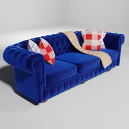 Detailed 3D model of a blue Chesterfield sofa with patterned cushions for Blender rendering.