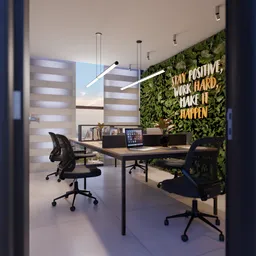 3D-rendered modern workroom with desks, computers, and motivational wall art, illuminated by natural light.