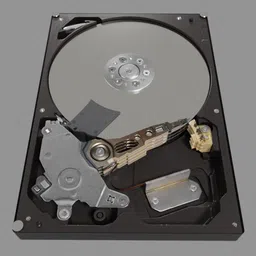 Detailed 3D render of an internal hard drive with visible platters and read/write arm, suitable for Blender 3D projects.