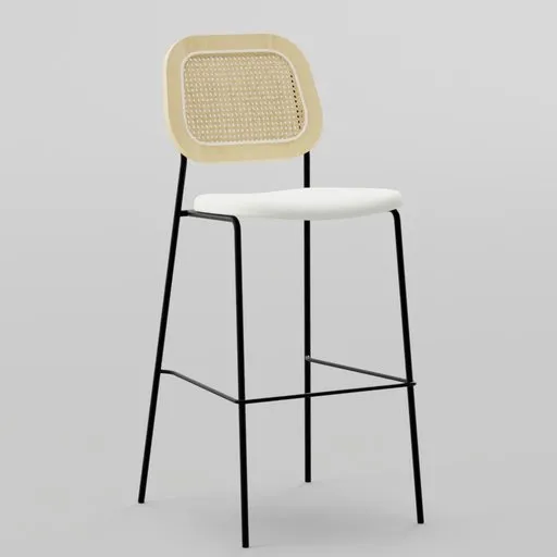 High-quality Blender 3D model of a modern rattan bar stool with metal legs and white cushion.