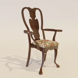 "Antique walnut dining chair with arms and floral upholstered seat, designed in Blender 3D. Perfect for a dining set, inspired by William Morris style and Charles Willson Peale's work. Rendered in povray, iray and arnold for excellent 3D visualization."