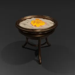 Vintage European-style 3D brazier model with fiery coals, compatible with Blender, for architectural visualization.