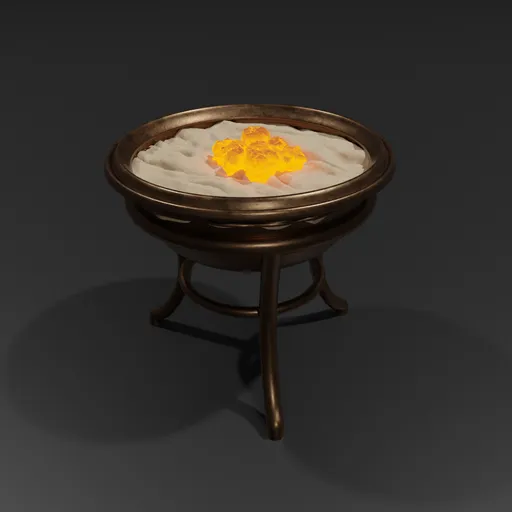 Vintage European-style 3D brazier model with fiery coals, compatible with Blender, for architectural visualization.