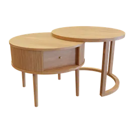 "Stylish wooden nesting coffee table set with drawers - a highly detailed 3D model for Blender 3D by Edward Wadsworth. Perfect for modern and elegant interiors, this set features two medium-sized islands with round-cropped stylized forms. Rendered with octane, this full-body model presents intricate ringles, reminiscent of James Gilleard and James Jean's cg render."