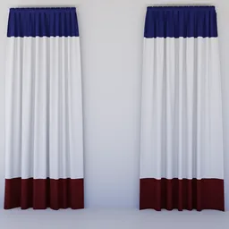 Highly detailed 3D curtain model with blue valance and red hem designed for Blender 3D projects.