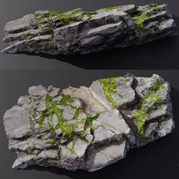 Alt text: "Mossy Outcrop 01 3D model for Blender 3D. Photorealistic rocky outcrop with moss and debris, perfect for landscape scenarios and game environments. Quality asset from Pixiv 3DCG and Aurora Artifacts, with ultra-realistic style and soft-sanded coastlines."