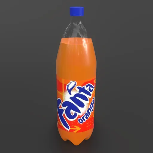 Detailed Blender 3D model of an orange Fanta soft drink bottle with logo, ideal for bar and restaurant scenes.