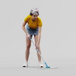 Girl with a mop washes the floor